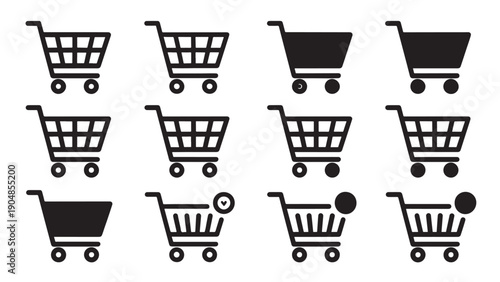 Grid of 12 black-and-white shopping cart icons with varied designs and added elements.
