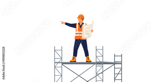 Authoritative construction worker in protective gear standing on scaffolding, holding blueprints and confidently