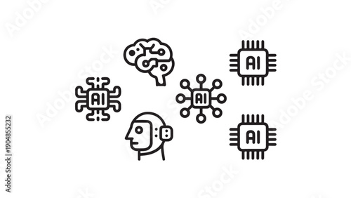 Set of 6 black-and-white line icons representing artificial intelligence concepts.