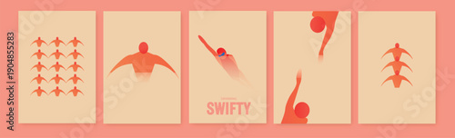 Minimal swimming poster collection with repetitive swimmer shapes and dynamic diving poses. Modern flat illustration for editorial layouts, sport branding, posters, and contemporary interior design.