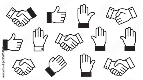Set of 12 black-and-white line icons depicting hand gestures and interactions.