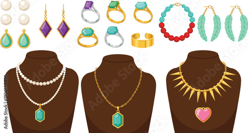 Diverse collection of elegant fashion jewelry featuring pearl necklaces gold rings gemstone earrings and stylish pendants for luxury accessory design