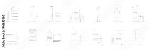 Documents icon set with outline paper sheets and text lines, minimal monochrome pictograms for files, reports, web UI, office apps, print templates and business paperwork
