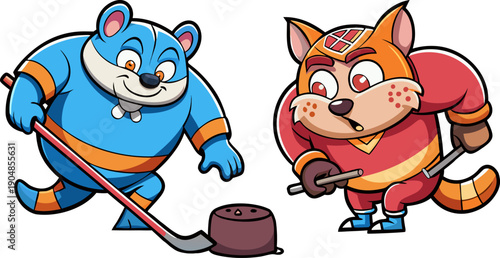 A humorous cartoon ice hockey scene featuring two chubby animal characters competing for a puck, slipping and spinning on icy ground