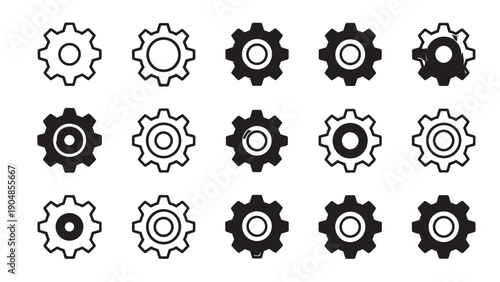 Set of 11 black gear icons with varied center patterns.
