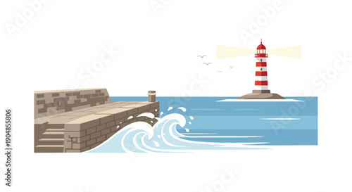 Iconic striped lighthouse illuminating the sea near a solid stone quay, with a dramatic wave crashing.
