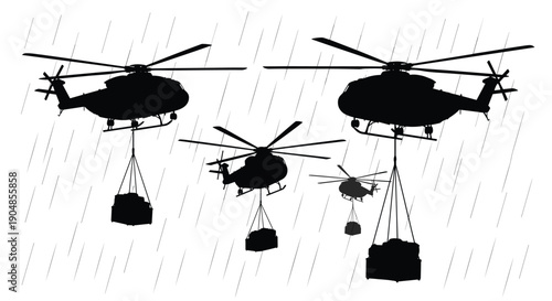 Formation of cargo helicopters in severe rain, showcasing complex aerial logistics for urgent supply delivery amidst