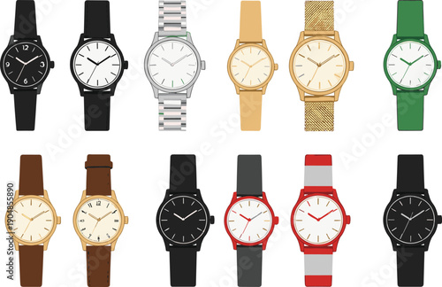 Set of modern professional wristwatch vector illustrations featuring various styles with leather metal and silicone straps for fashion accessory design