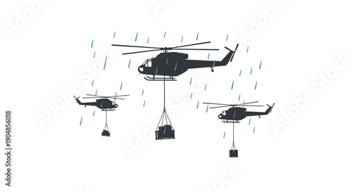 Silhouettes of rescue helicopters delivering essential supplies during a heavy rainstorm, highlighting humanitarian aid