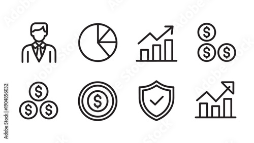 Set of 8 black-and-white line icons representing finance and business concepts.