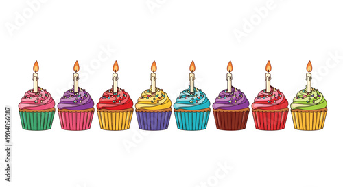 A delightful horizontal row of eight vibrantly colored cupcakes, each topped with a burning candle, ready for