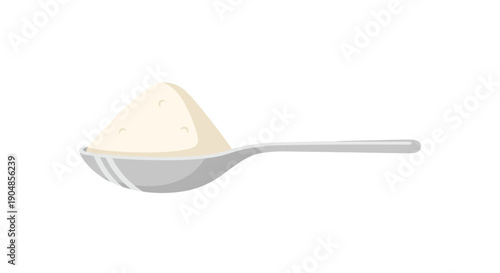 A silver spoon precisely heaped with a quantity of light yellow powdered ingredient, signifying exact measurement