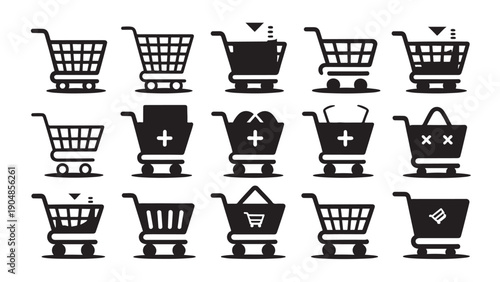 Grid of 16 black-and-white shopping cart icons with varied styles and functions.