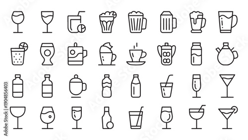 Collection of 30 black-and-white line icons representing drinkware and beverages.