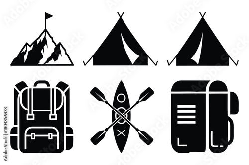 Outdoor adventure icons: mountain, tents, backpack, kayak, and gear