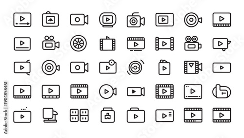 Grid of 40 black-and-white line icons representing video and media tools.