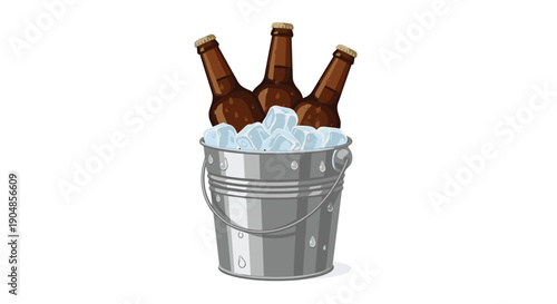 Silver metal bucket filled to the brim with ice cubes, chilling three brown beer bottles for a refreshing and festive