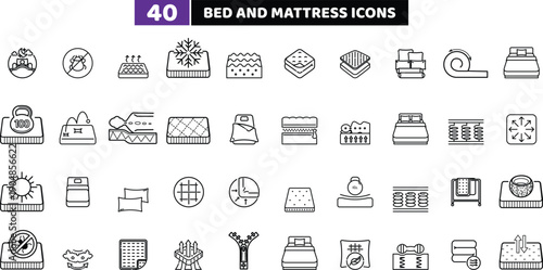 Bed and Mattress Line Icons Set, Orthopedic Sleep Furniture Vector Collection