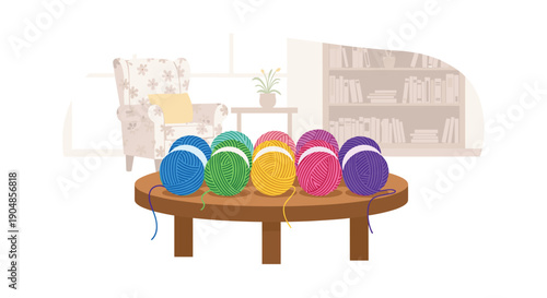 Colorful yarn balls neatly arranged on a rustic wooden table in a bright, inviting home living room, ready for knitting