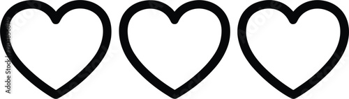 Set of Three Black Outline Heart Icons Representing Life Health Bars, Social Media Likes, Romantic Love Symbols, and Rating Systems for Gaming Interface Designs