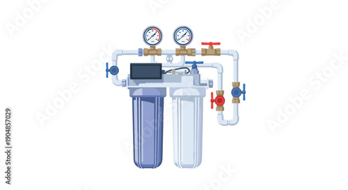 Compact two-stage residential water filtration system with pressure gauges and control valves, designed to provide