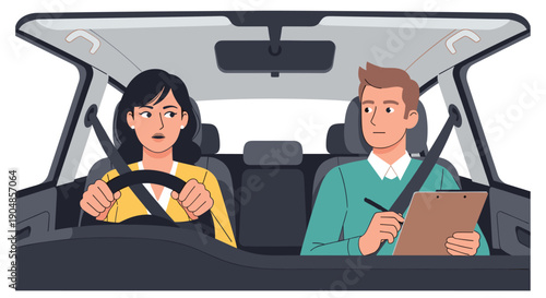 Focused young woman taking a driving lesson with a calm male instructor, navigating the challenges of learning to drive