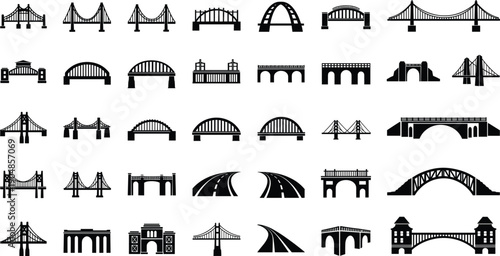 Set of bridge icons and road silhouettes including suspension arch and truss bridges for civil engineering and urban infrastructure design