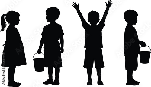 Diverse children silhouettes set featuring a young girl with a ponytail, boys carrying buckets, and a child celebrating with raised arms