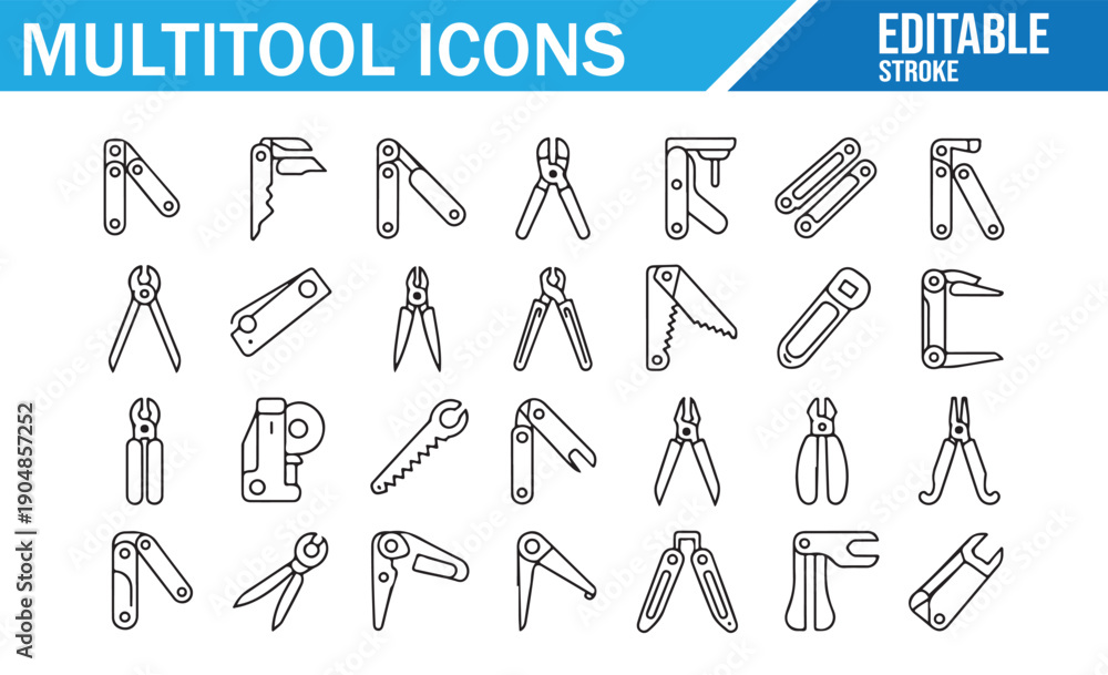 Obraz premium Camping Equipment Line Icons with Pliers and Knife.