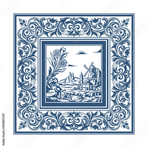 Blue and white Delftware inspired tile with a scenic landscape and ornate border.