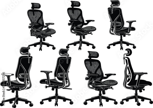 Ergonomic office chair icon set featuring modern executive desk chairs, adjustable swivel seating silhouettes, and professional furniture for workspace vector design