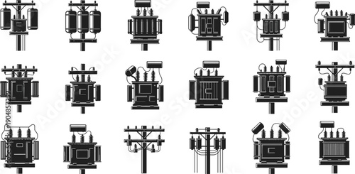 Electrical transformer icon set featuring power distribution equipment, high voltage utility poles, energy infrastructure silhouettes, and industrial electricity vector elements
