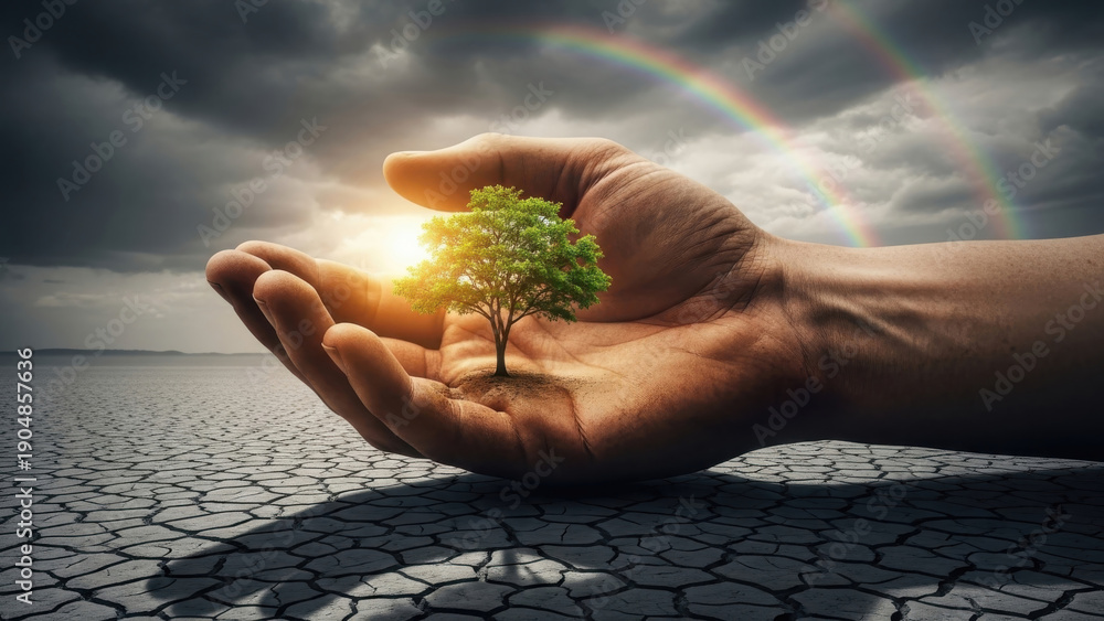 Fototapeta premium Hand nurturing a tree in a dry land with a rainbow.