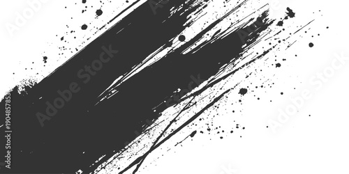 An abstract black ink splash and grunge paint splatter design featuring a dirty liquid drip texture and artistic spray border element on a vector illustration banner