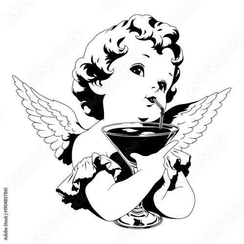 A cherub angel holds a cocktail glass expressing celebration humor joy and playful innocence in a classic black and white illustration with a modern lifestyle twist.