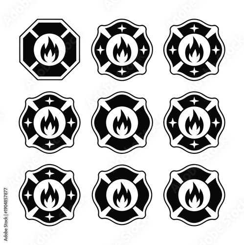 Black and white vector symbols of a flame enclosed in a cross