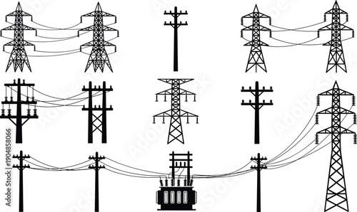 High voltage electric power line set featuring transmission towers, utility poles, electrical transformers, and energy infrastructure silhouettes for industrial vector design