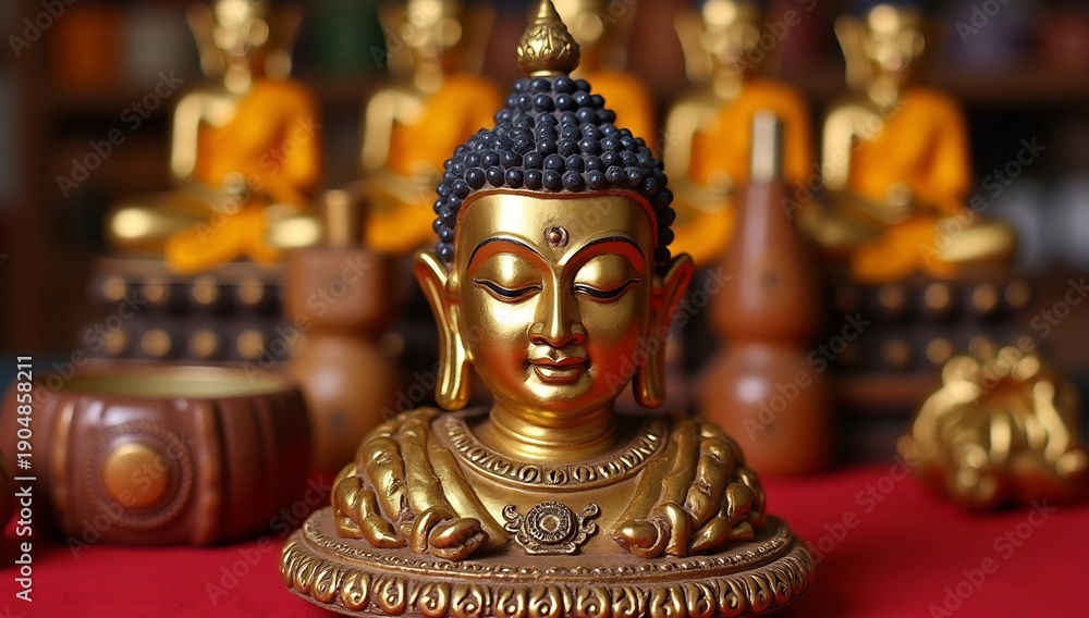 Fototapeta premium Golden Buddha Statue with Intricate Details and Serene Expression in a Religious Setting.