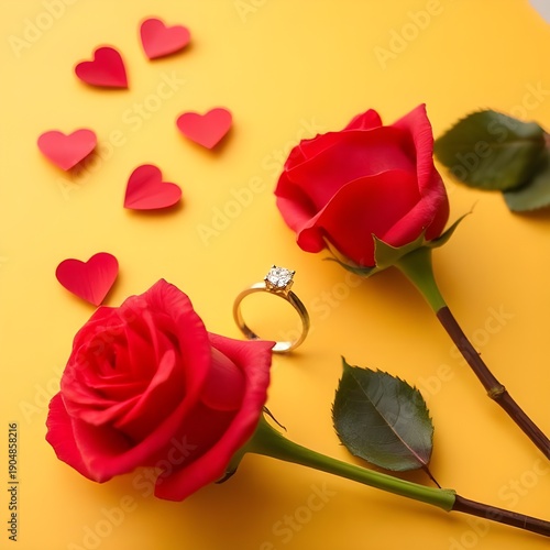  Red roses with ring and red hearts on yellow background.

