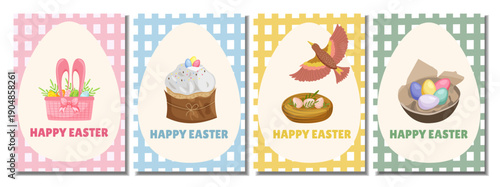 Set of four colorful Easter posters with eggs, baskets and spring decor. Soft pastel vector illustrations for Easter greetings, holiday cards, invitations and seasonal design.