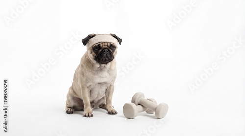 A Pug Dog Sits Next to Dumbbells Ready for a Workout.