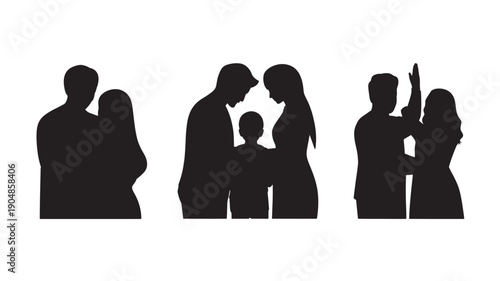 Vector Illustration Of Silhouettes Of Loving Family Members In Different Poses For Family And Relationship Concepts