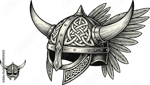 Detailed viking helmet illustration with wings and horned nordic warrior design vintage engraved vector artwork