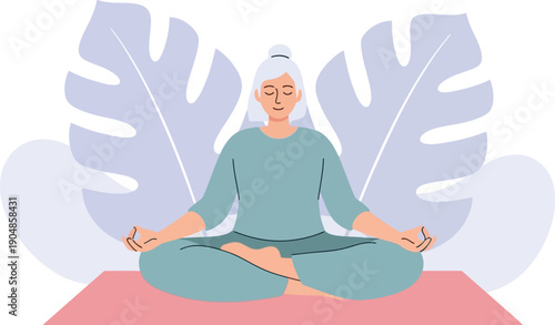 Serene Senior Woman Practicing Mindful Meditation in Lotus Position on Yoga Mat, Embracing Inner Peace and Wellness Amidst Stylized Nature Elements for Stress Relief and Harmony