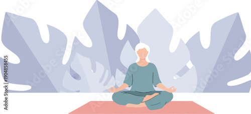 Peaceful senior woman practicing mindful meditation in a serene, natural environment, achieving spiritual balance, relaxation, and wellness on a yoga mat
