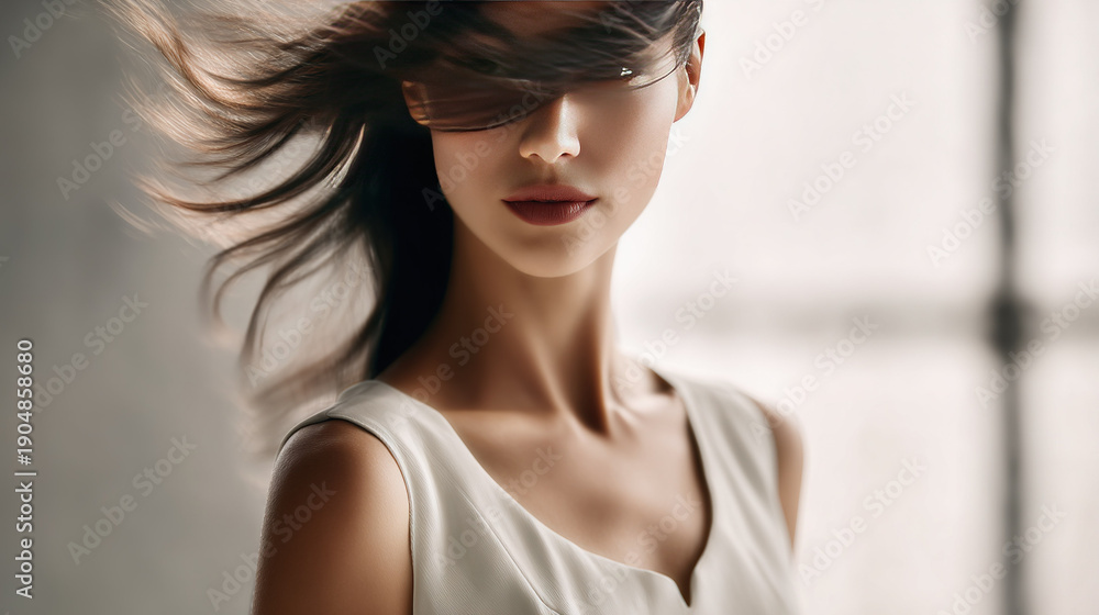 Naklejka premium Woman with flowing hair, soft lighting