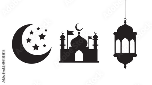 Black Vector Illustration Of Crescent Moon With Stars, Mosque And Lantern For Ramadan And Islamic Celebrations