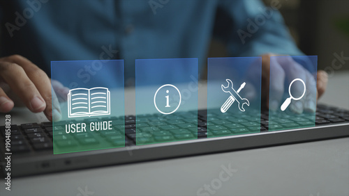 Tableau sur toile Digital user guide and help system with virtual icons for manuals, tips and navigation