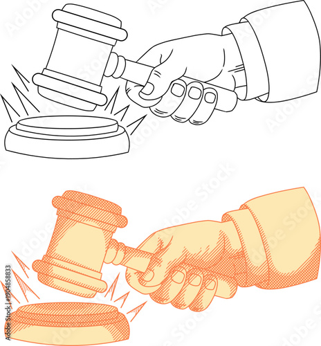 engraving style illustration of a judge's hand holding and striking a wooden gavel.represents legal decisions, courtroom authority, justice system, and final judgments.