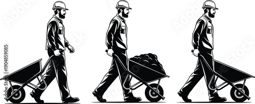 Manual construction worker silhouette set, featuring laborer pushing wheelbarrow, builder walking with equipment, industrial worker with tools, for vector design